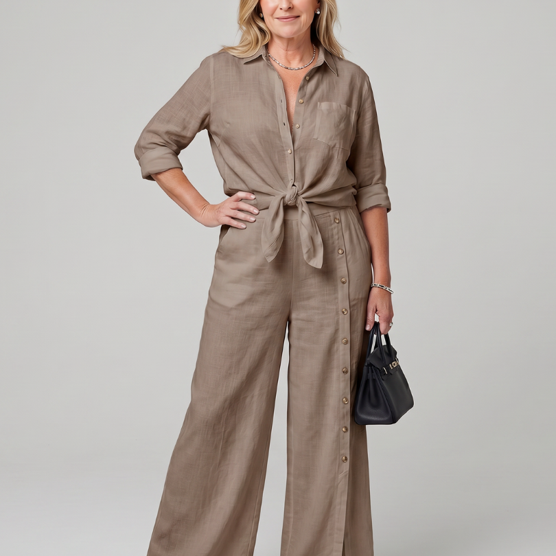 Veslora | Long Sleeve Tie Front Top And Wide Leg Pants Set