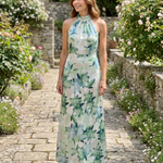 Hilandra | Botanical Print Halter Neck Flowing Midi Dress