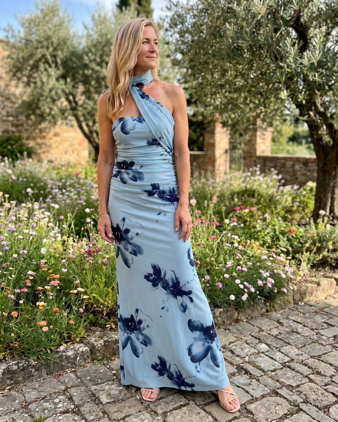 Veletta | Watercolor Floral One Shoulder Halter Maxi Dress