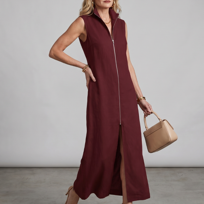 Norrin | High Collar Front Slit Midi Dress