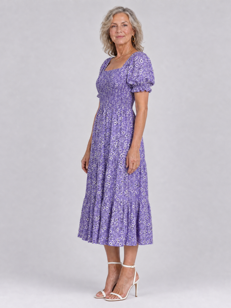 Serrina | Floral Smocked Square Neck Midi Dress