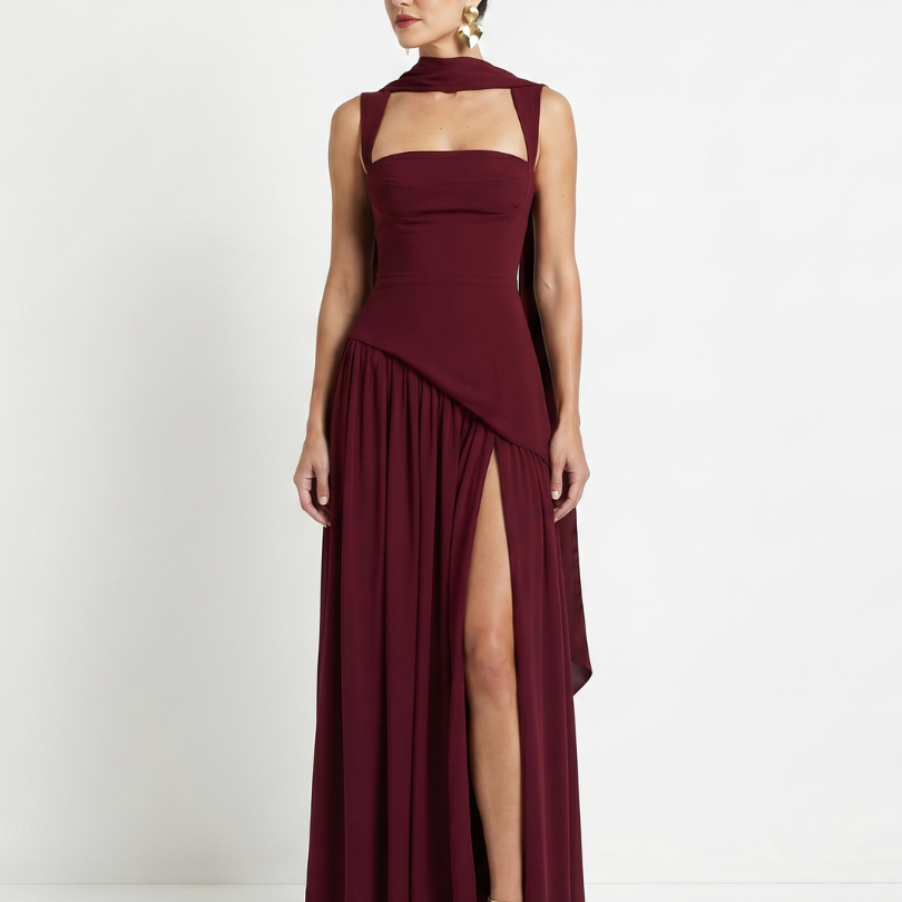 Fleurbelle | Cutout Neck Pleated Slit Maxi Dress