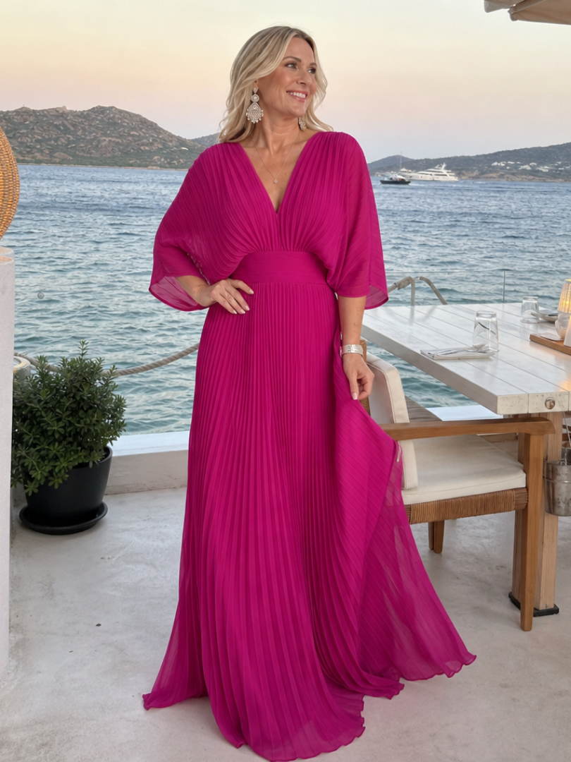 Isawen | V Neck Long Sleeve Pleated Maxi Dress
