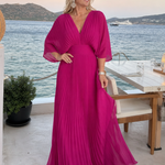 Isawen | V Neck Long Sleeve Pleated Maxi Dress