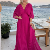 Isawen | V Neck Long Sleeve Pleated Maxi Dress