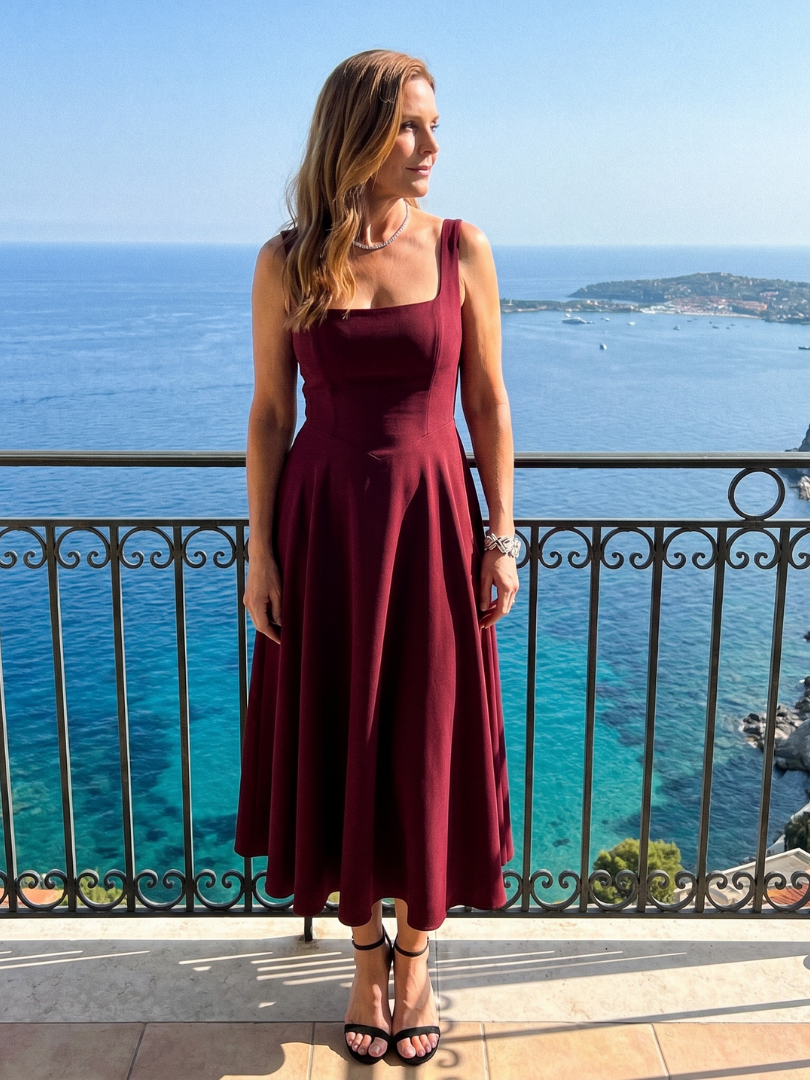 Dalbelle | Sleeveless Square Neck Flared Skirt Midi Dress