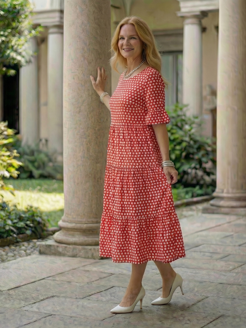 Thalwynne | Polka Dot Tiered Midi Dress Short Sleeve