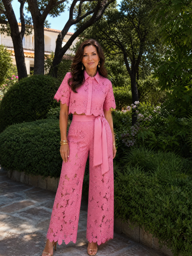 Elobelle | Lace Button Front Two Piece Pant Set