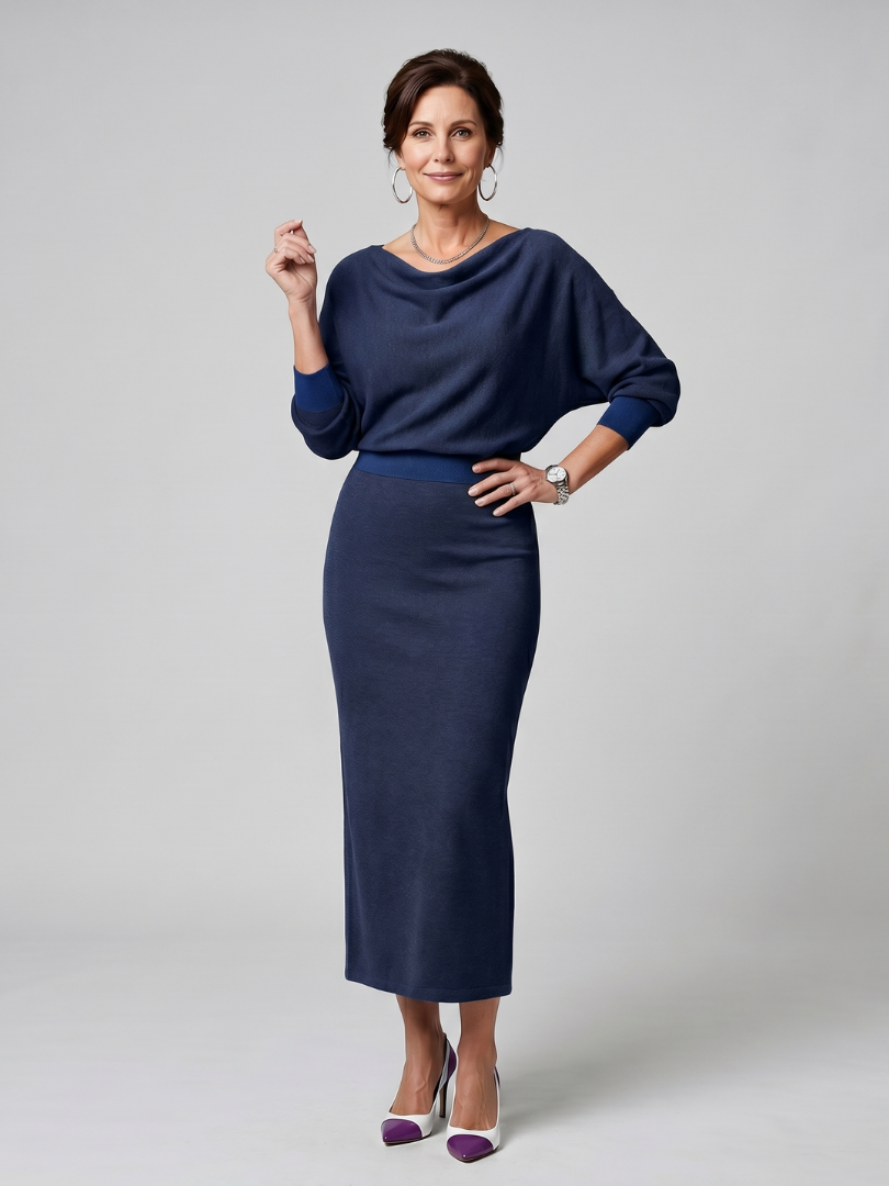 Saffwynne | Draped Neckline Fitted Skirt Midi Dress