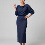 Saffwynne | Draped Neckline Fitted Skirt Midi Dress