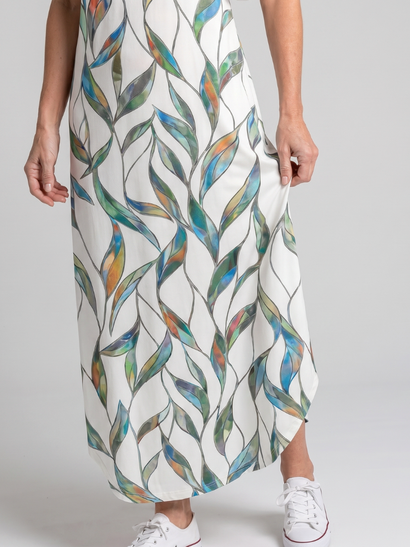 Tesmarie | Sleeveless Tropical Leaf Print Midi Dress