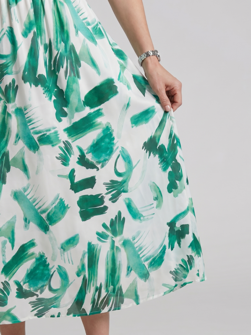 Larette | Puff Sleeve V Neck Abstract Print Midi Dress