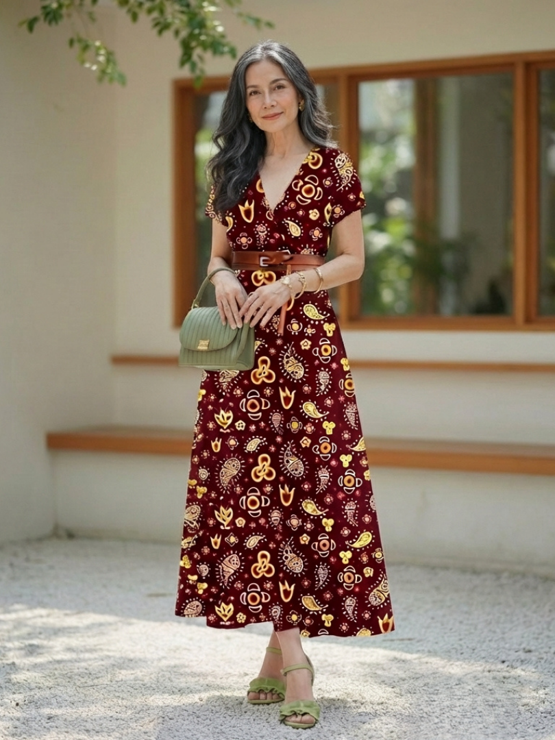 Tamsinna | Elegant Floral V-Neck Midi Dress