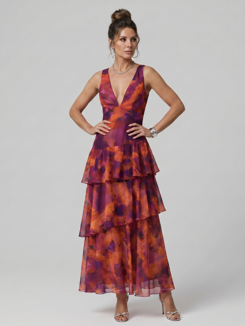 Sabda | Deep V Sleeveless Painterly Pattern Midi Dress