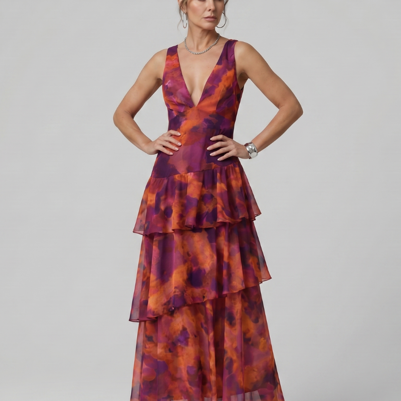 Sabda | Deep V Sleeveless Painterly Pattern Midi Dress