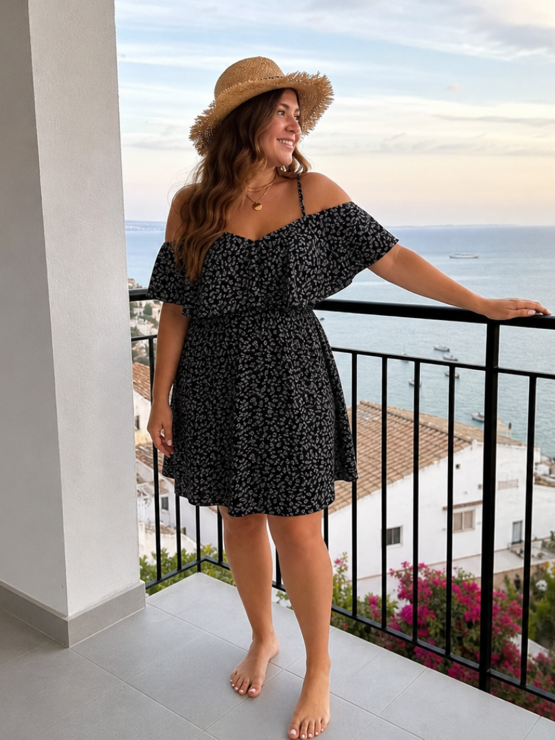 Lilana | Cold Shoulder Ruffle Overlay Knee Length Dress