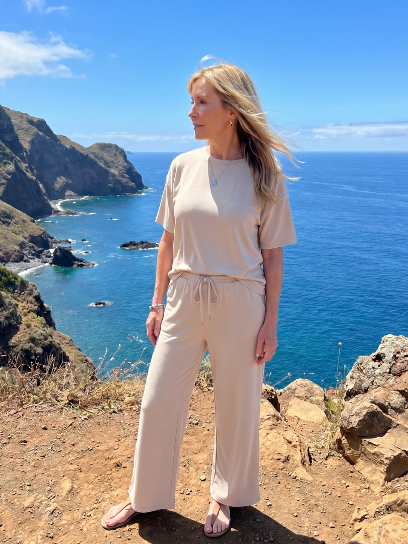 Wilnia | Short Sleeve Drawstring Waist And Straight Leg Pants Set