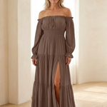 Merndra | Off Shoulder Long Sleeve Smocked Maxi Dress