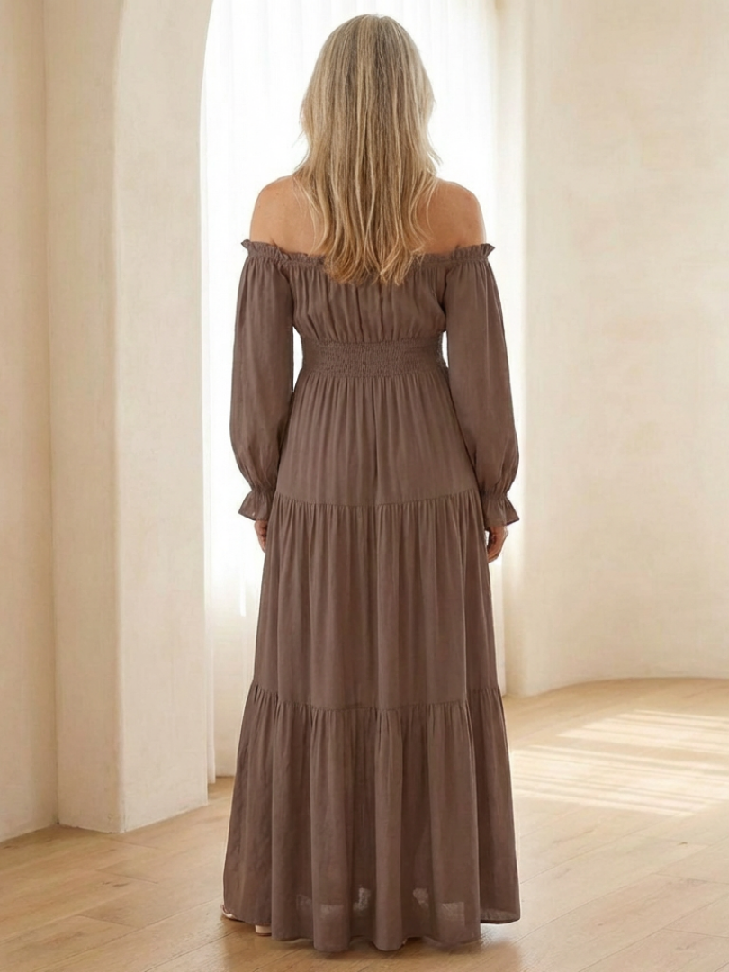 Merndra | Off Shoulder Long Sleeve Smocked Maxi Dress