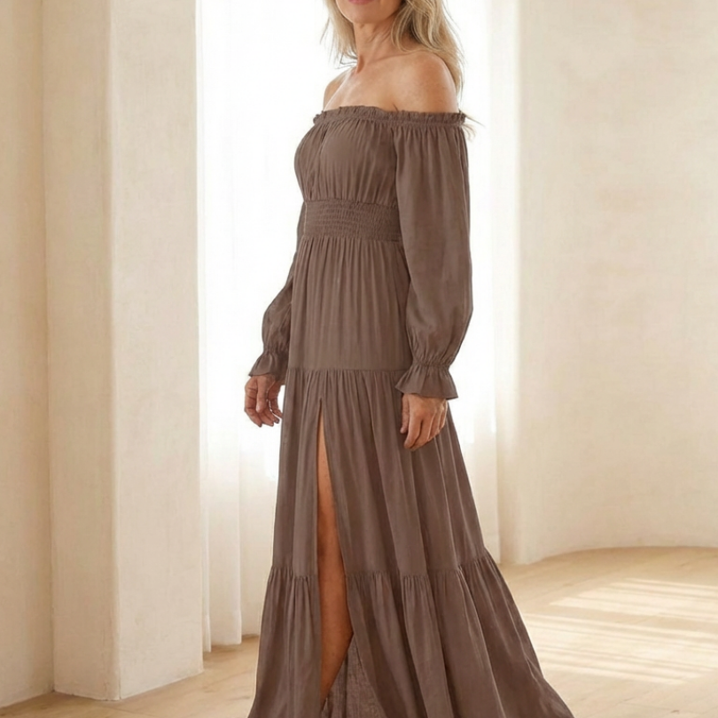 Merndra | Off Shoulder Long Sleeve Smocked Maxi Dress