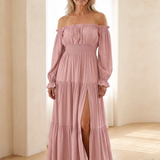Merndra | Off Shoulder Long Sleeve Smocked Maxi Dress