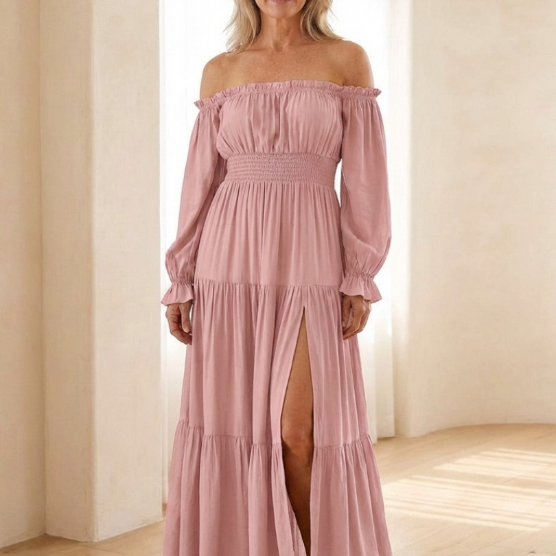 Merndra | Off Shoulder Long Sleeve Smocked Maxi Dress
