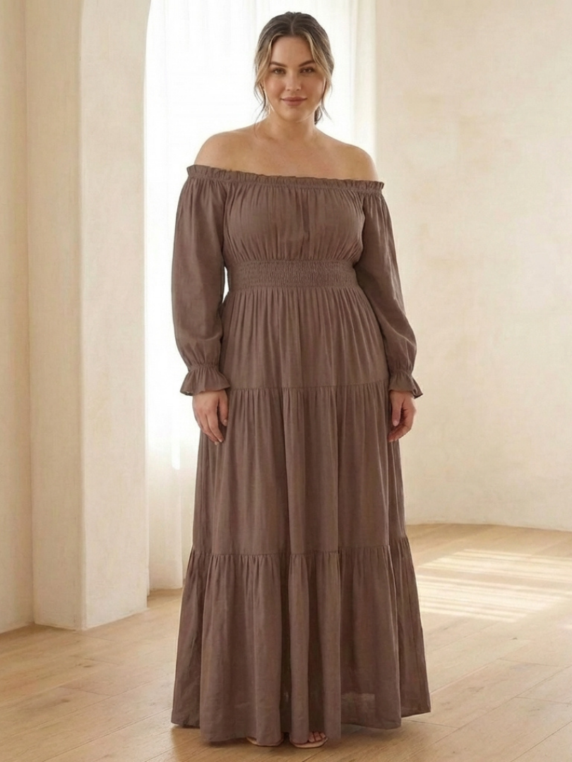 Merndra | Off Shoulder Long Sleeve Smocked Maxi Dress