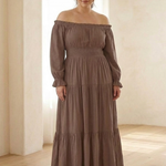Merndra | Off Shoulder Long Sleeve Smocked Maxi Dress