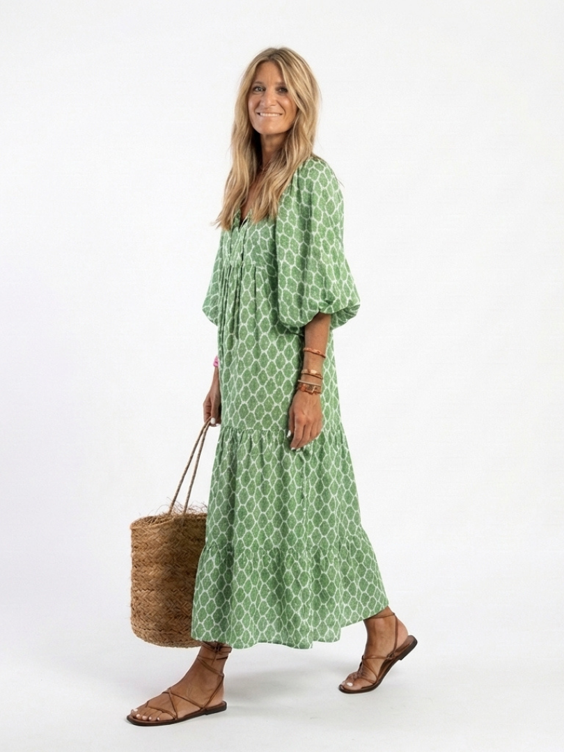 Tamsinrose | Three Quarter Sleeve V Neck Patterned Midi Dress