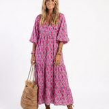 Tamsinrose | Three Quarter Sleeve V Neck Patterned Midi Dress