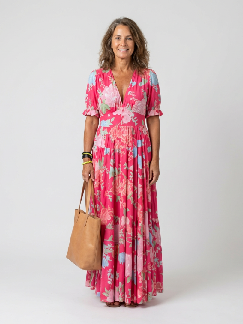 Hilabelle | Short Sleeve V Neck Floral Midi Dress
