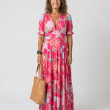 Hilabelle | Short Sleeve V Neck Floral Midi Dress