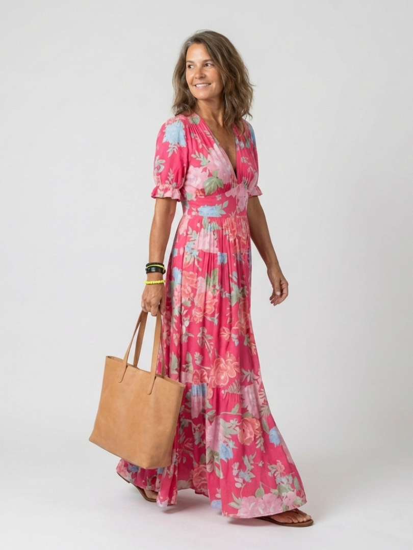 Hilabelle | Short Sleeve V Neck Floral Midi Dress