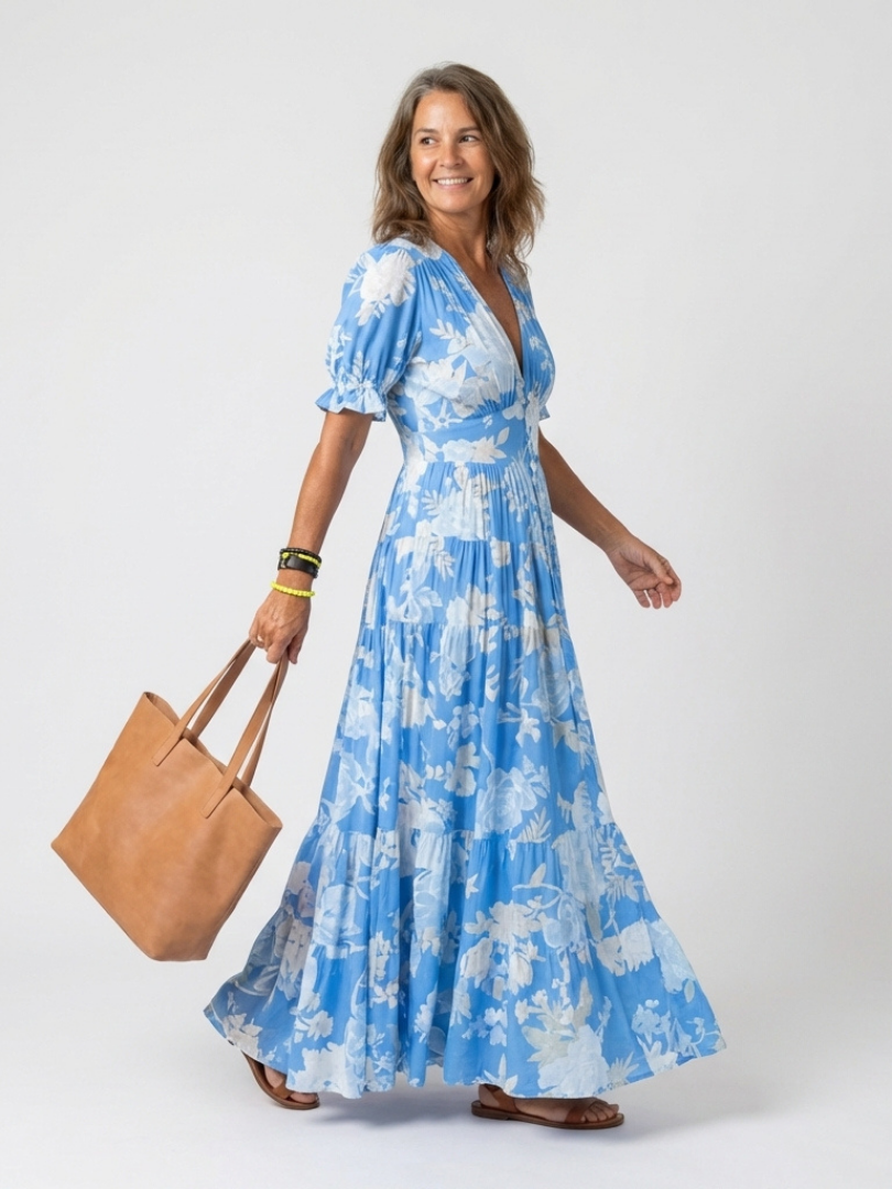 Hilabelle | Short Sleeve V Neck Floral Midi Dress