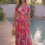 Hilabelle | Short Sleeve V Neck Floral Midi Dress