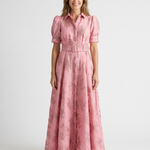 Dellalyn | Short Sleeve Belted Floral Textured Maxi Shirt Dress