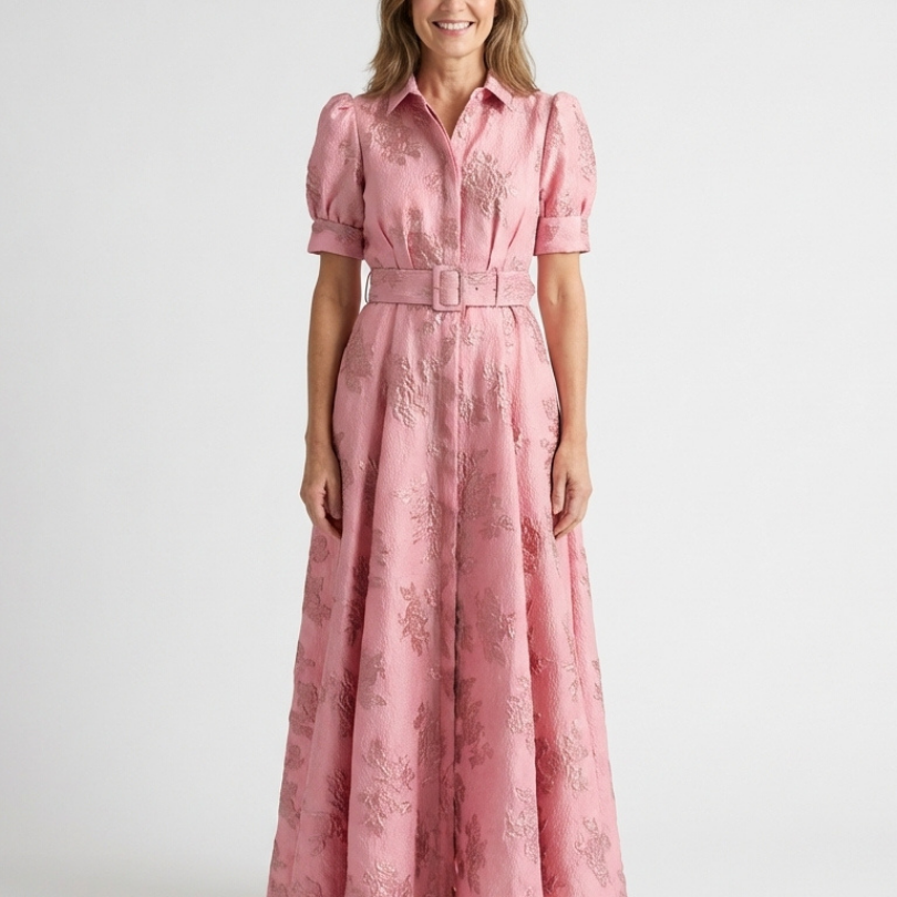 Dellalyn | Short Sleeve Belted Floral Textured Maxi Shirt Dress