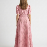 Dellalyn | Short Sleeve Belted Floral Textured Maxi Shirt Dress