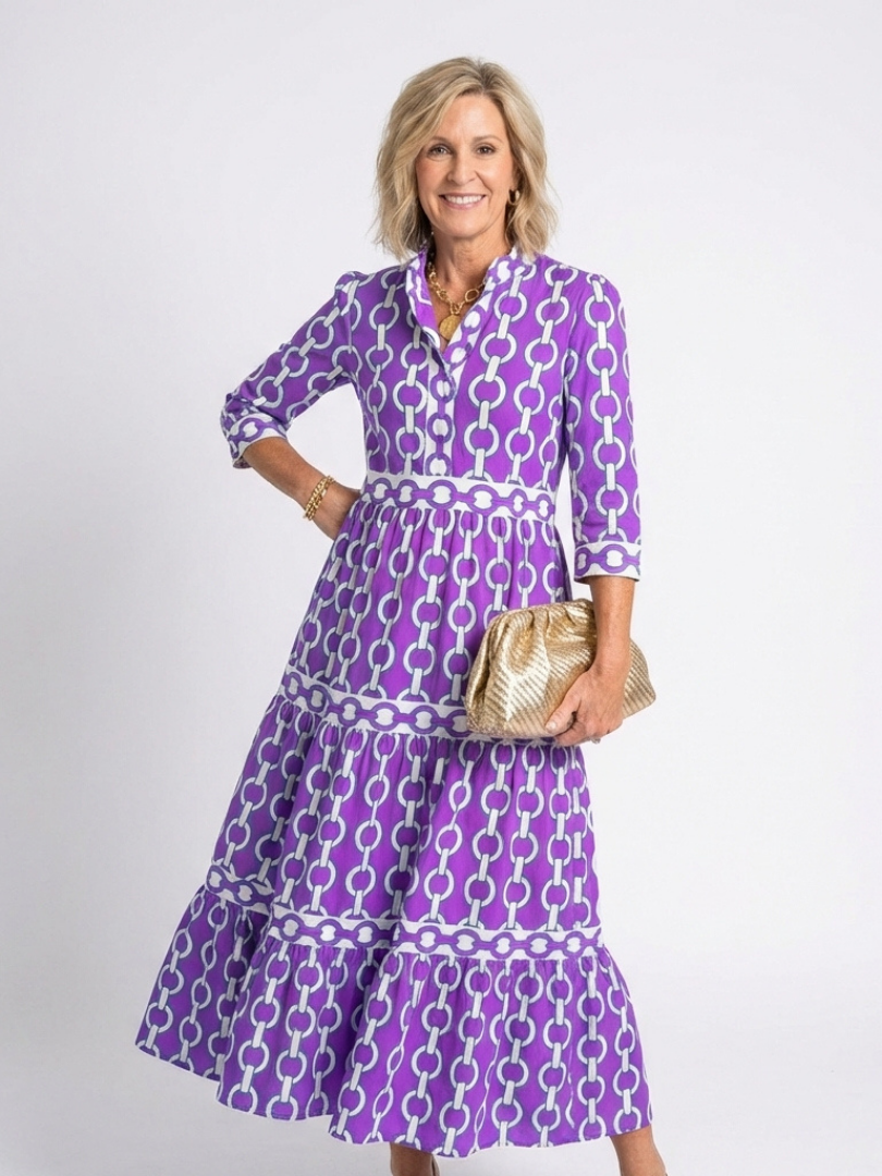 Tamsinine | Three Quarter Sleeve Chain Pattern Midi Dress