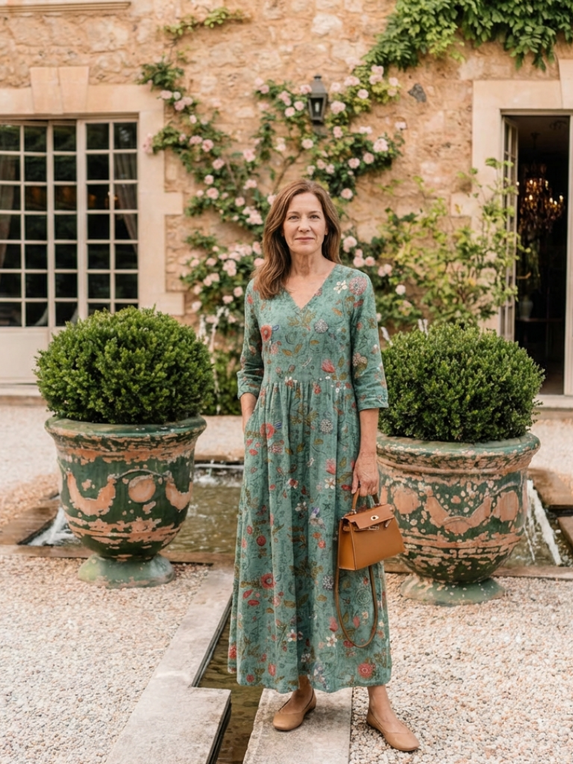 Lorwen | Floral V Neck Three Quarter Sleeve Maxi Dress
