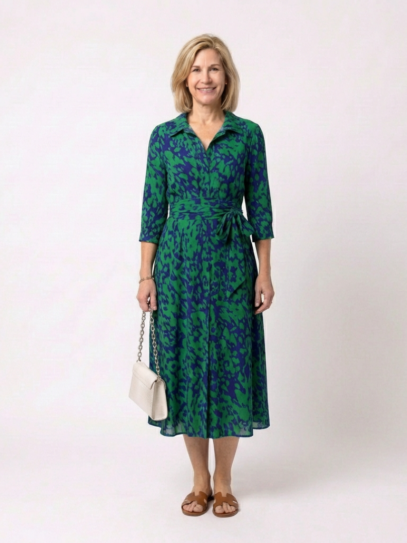 Renina | Collared Long Sleeve Waist Tie Midi Dress