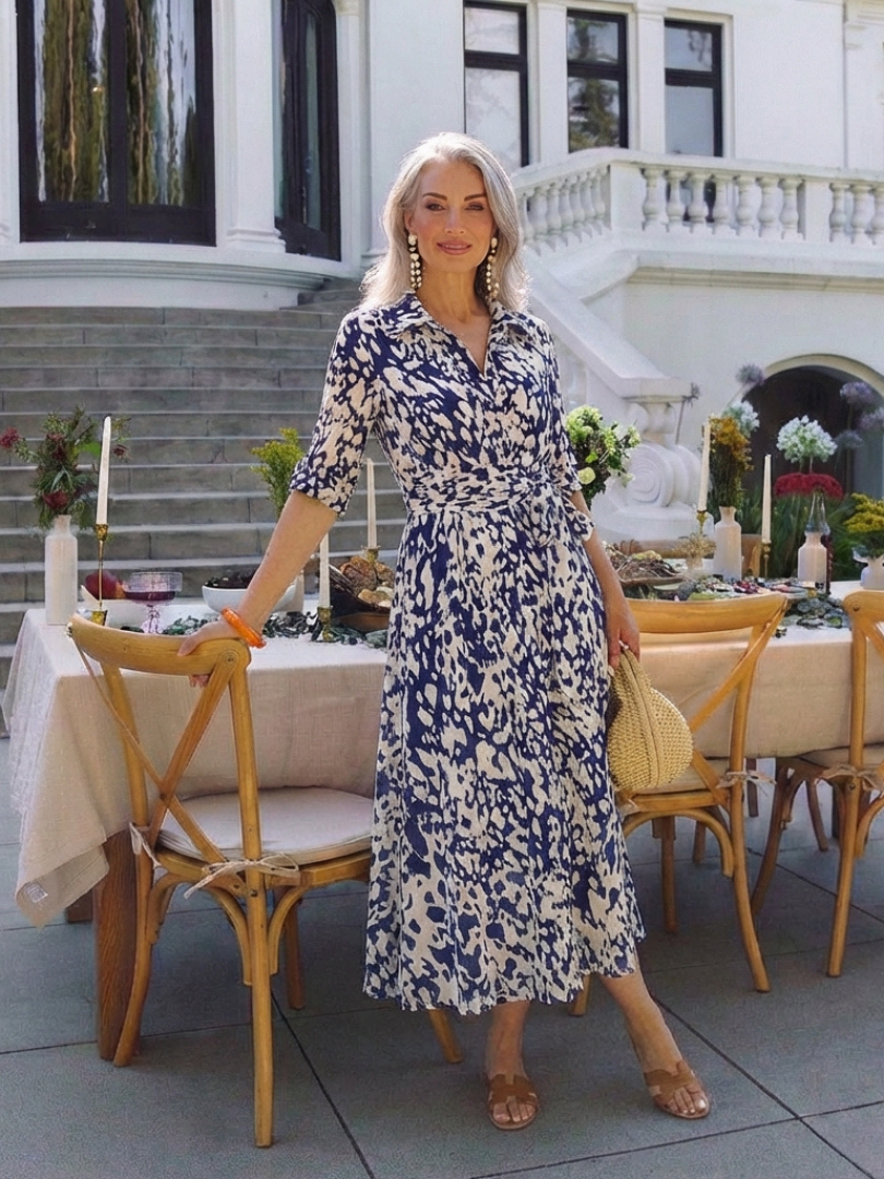 Renina | Collared Long Sleeve Waist Tie Midi Dress