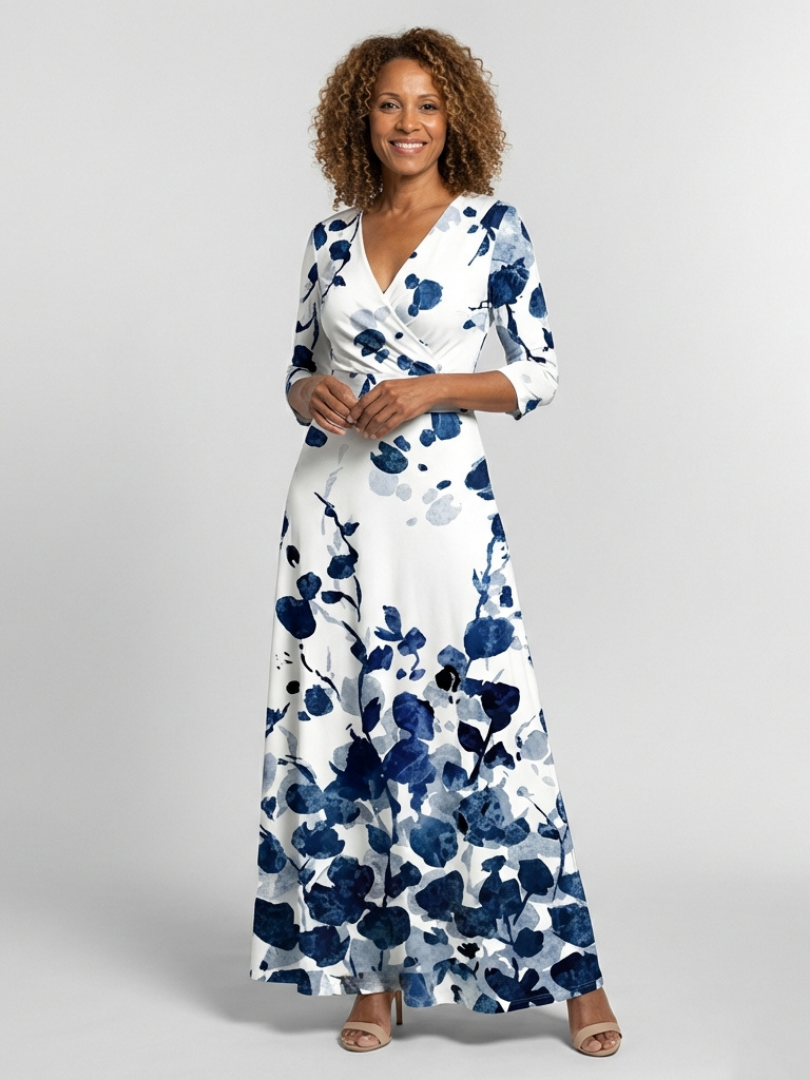 Zarsette | Three Quarter Sleeve V Neck Floral Maxi Dress