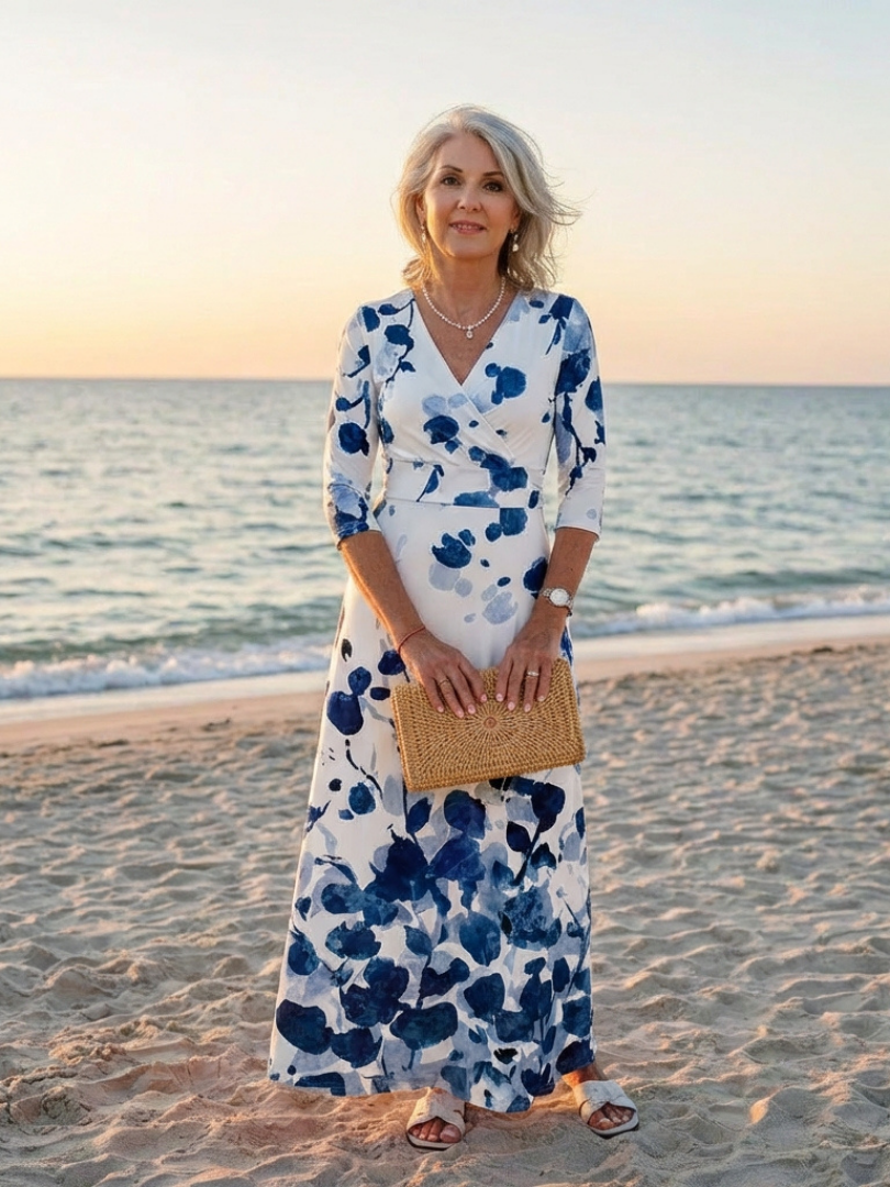 Zarsette | Three Quarter Sleeve V Neck Floral Maxi Dress
