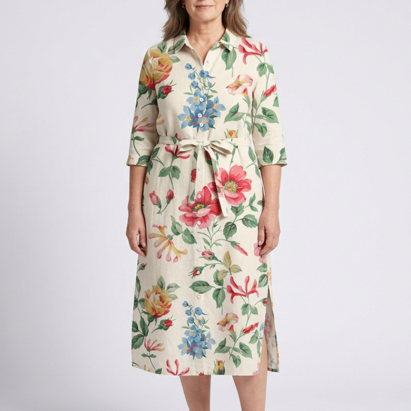 Vesney | Button Front Half Sleeve Floral Midi Dress