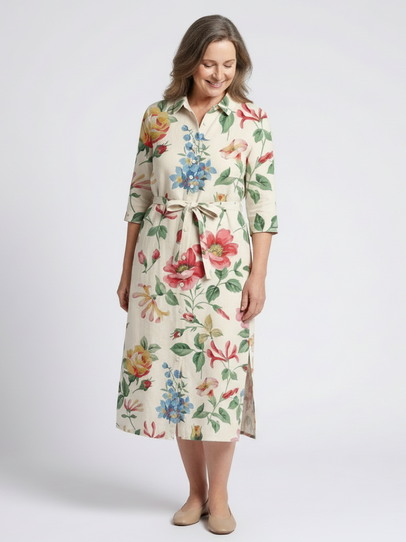 Vesney | Button Front Half Sleeve Floral Midi Dress