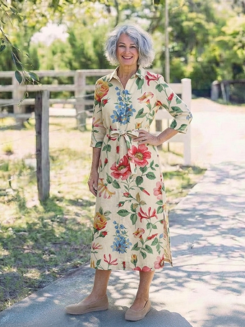 Vesney | Button Front Half Sleeve Floral Midi Dress