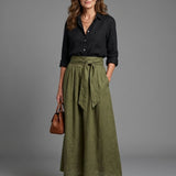 Thalsette | Two Piece Set Black Blouse Olive Green Midi Skirt