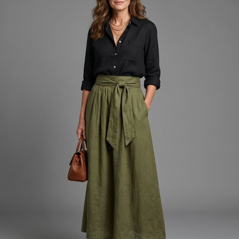 Thalsette | Two Piece Set Black Blouse Olive Green Midi Skirt