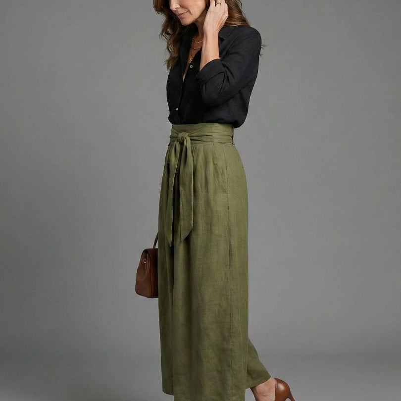 Thalsette | Two Piece Set Black Blouse Olive Green Midi Skirt